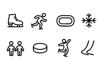 Fototapeta premium Various icons depict activities related to ice skating, including an ice skate, a person skating, a hockey puck, and a snowflake, designed in a minimalistic style.