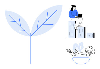 Large leaf symbolizes nature and sustainability, woman with laptop sits on bar graph representing progress, bowl with fresh food promotes healthy lifestyle. Ideal for eco-friendliness, productivity