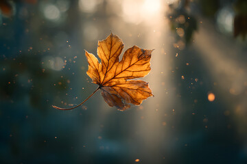 autumn leaf gently falling through warm sunlight creating a symbolic farewell with a poetic healing tone