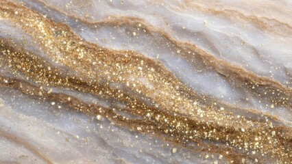 Obraz premium Gold glitter and specks along brown veins on a gray marble surface. Concept Gold glitter accents, Gray marble texture, Brown veining, Metallic sparkle, Close-up details