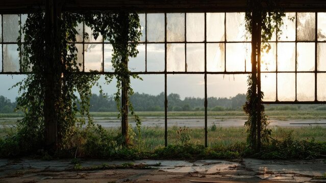 An abandoned building with large glass windows overgrown by ivy, looking out onto a sunlit flat field. Concept Abandoned Building, Ivy-Covered Glass, Sunlit Field View, Ruins and Nature, Quiet Decay