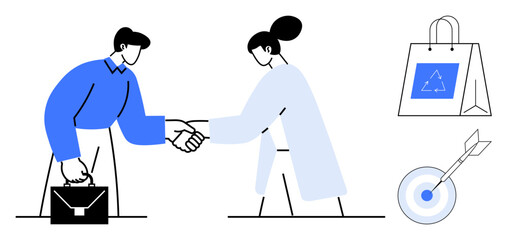 Two people shaking hands in business attire, briefcase, shopping bag with recycling symbol, and arrow hitting a target. Ideal for teamwork, sustainability, partnership, business, goals strategy