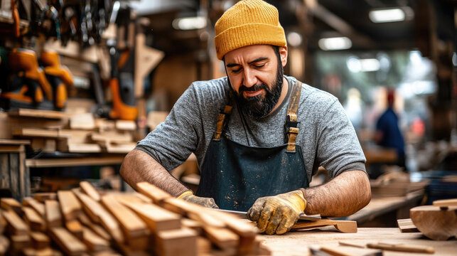 carpenter demonstrating wooden tools at local outdoor hardware market
