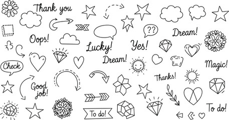 Hand Drawn Doodle Elements Collection; Arrows, Stars, Hearts and Lettering on White