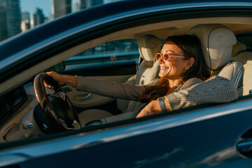 Woman relaxed at wheel watching sunset, contemplative gaze toward city skyline, warm dusk light bathes interior and creates