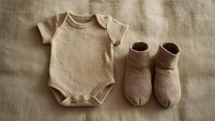 Beige baby onesie with snaps beside a pair of knitted baby booties on a neutral fabric background Concept Neutral-toned baby outfit, Knitted booties, Snap-fastened onesie, Soft fabric background