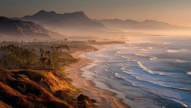 Sunset over a rugged coastline with red cliffs, a sandy beach, palm trees, and hazy mountains in the distance. Concept Sunset, Red cliffs, Rugged coastline, Sandy beach, Palm trees
