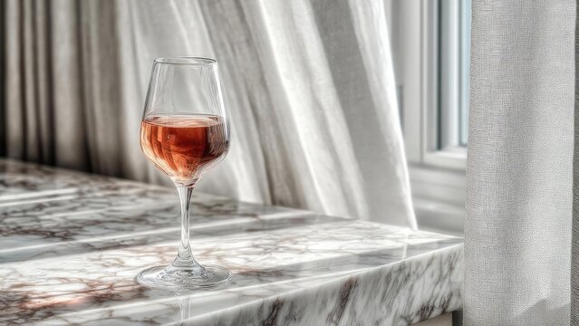 Rosé wine in a wine glass on a marble windowsill by a sunlit window with sheer curtains. Concept Rosé wine, Marble windowsill, Sunlit window, Sheer curtains, Wine glass