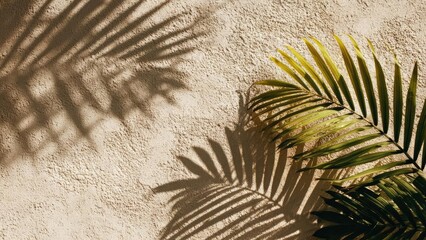 Obraz premium Palm frond shadows on a textured sandy surface. Concept Palm Shadow Study, Textured Sand, Coastal Light, Shadow Play, Beach Portraits