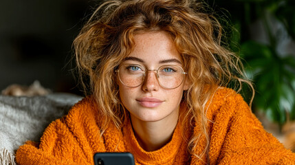 Young woman with smartphone relaxing at home wearing cozy orange sweater and glasses