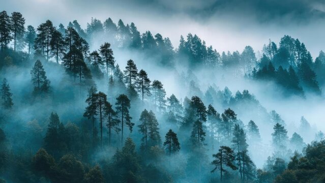 Misty blue forest with tall pine trees fading into fog on a mountainside. Concept Misty Blue Forest, Tall Pine Trees, Fog on Mountainside, Mountain Forest Mist, Blue Fog Landscape - Powered by Adobe