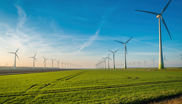 Expansive wide-angle landscape of a modern wind farm, featuring long rows of towering wind turbines stretching to the horizon over a vibrant green agricultural field under a bright, clear blue sky.
