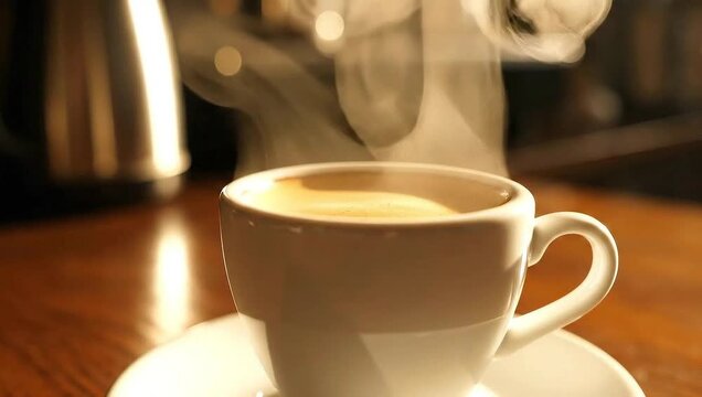 A delightful close-up shot of a steaming cup of coffee, exuding warmth and inviting comfort