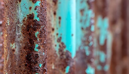 An abstract macro background of rough, rusted corrugated metal, with heavily corroded brown texture and vibrant teal paint peeling off the surface, showing decay and age in an industrial setting.