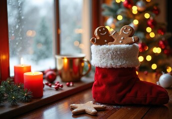 Red velvet stocking filled with gingerbread cookies beside a steaming gold mug of cocoa by a frosted window with blurred lights.  