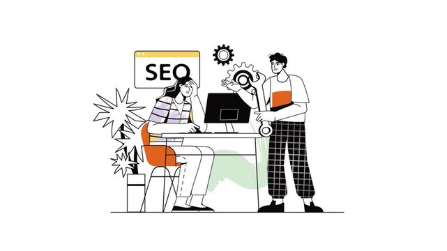 Dynamic SEO strategy animation featuring collaborative digital marketing experts optimizing search engine rankings for online business growth and visibility
