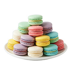 Obraz premium Assorted Macarons Stacked On A White Plate With A Transparent Background And Soft Lighting Highlighting Their Colorful Exterior