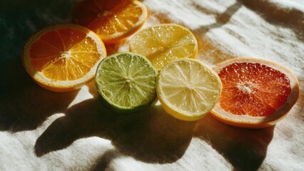 Assorted citrus halves: orange, lemon, lime, and grapefruit arranged on a light cloth. Concept Citrus Still Life, Fresh Produce, Juicy Halves Close-Up, Light Cloth Backdrop, Kitchen Photography