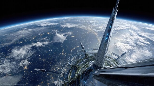 A sci‑fi space station in orbit around Earth, featuring a towering central spire and a circular ring-shaped deck. Concept Sci‑Fi Space Station, Earth Orbit, Towering Central Spire - Powered by Adobe
