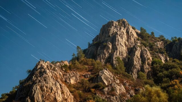 Long-exposure star trails streak across the night sky over a rugged mountain ridge with trees. Concept Star trails over rugged mountain ridge, Night sky with trees