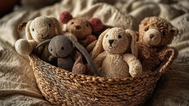 A woven basket filled with several cuddly teddy bears in various shades, sitting on a fluffy blanket. Concept Teddy Bear Photo Shoot, Cozy Basket Prop, Fluffy Blanket Setting, Soft Pastel Colors