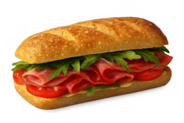 Realistic horizontal image of a fresh ciabatta sandwich with cured meats, arugula, tomato slices, and cheese, isolated on a transparent background. Perfect for menus, food packaging, or advertising ma