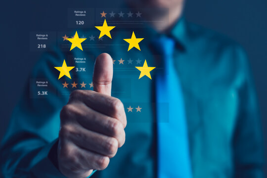Businessman Giving Thumbs Up with 5-Star Rating and Review Icons for Customer Satisfaction, Quality Service, and Brand Reputation