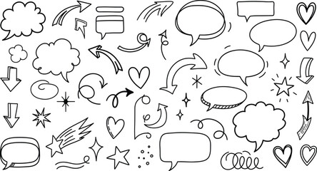 Fototapeta premium Hand Drawn Doodle Set with Arrows, Hearts, Stars and Speech Bubbles on White