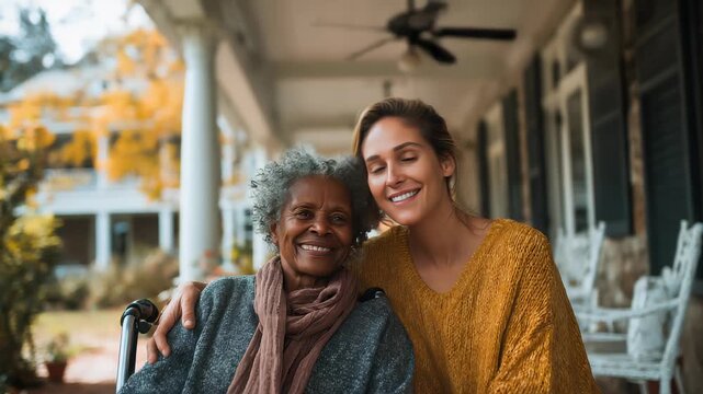 Young African American daughter with disabled mature Caucasian mother on sunny day outdoors on porch, Mixed race female family relaxing