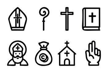 Various symbols of Christianity are depicted, including a bishop's hat, a cross, a Bible, and a church. These elements illustrate religious practices and beliefs.