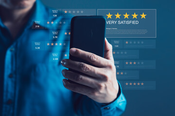 Customer checking multiple digital product reviews on smartphone screen showing star ratings, feedback count, and user satisfaction level insights