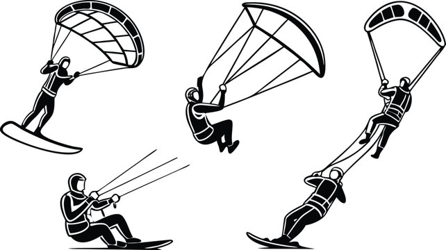 Dynamic kitesurfing silhouette collection for sport enthusiasts and summer adventures, perfect for logo designs and event promotions, originally vector graphics
