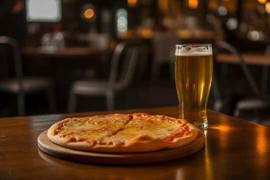 Pizza and Beer Delight: A mouthwatering pizza alongside a tall glass of beer, rests invitingly on a wooden table within a cozy restaurant, perfect for a casual meal.
