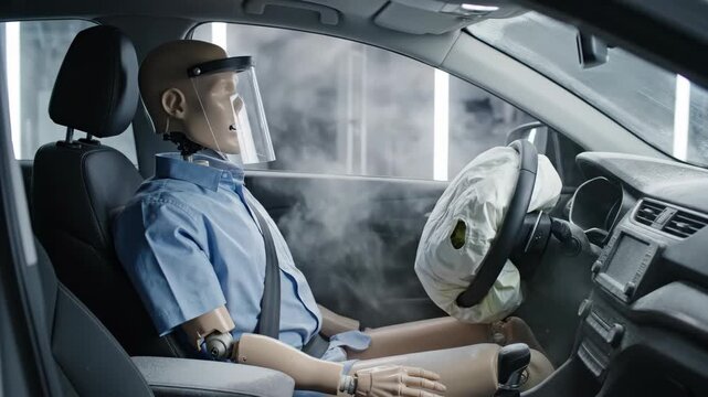 A crash test dummy in a car with a deployed airbag and smoke demonstrates the critical life-saving technology of vehicle safety testing during a simulated high-speed collision