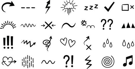 Hand Drawn Doodle Symbols Collection on White Arrow, Hearts, Rain, Music Notes
