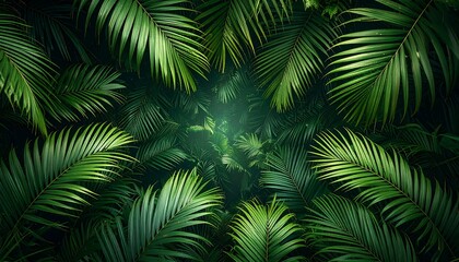 Lush overhead view of tropical green palm fronds forming a canopy