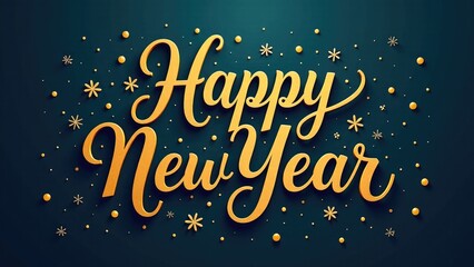 A bright and cheerful illustration of golden lettering forming the words 'Happy New Year' against a blue background
