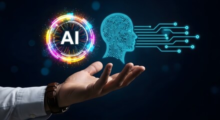 A hand presents a glowing AI symbol and a digital human head with connecting lines, representing artificial intelligence technology.