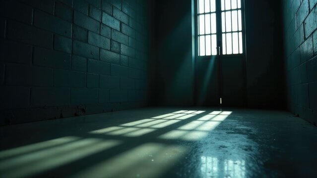 A dimly lit prison cell with a window featuring metal bars, ideal for use in crime or drama scenes - Powered by Adobe