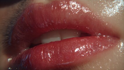 Obraz premium Sensual Lip Gloss: An extreme close-up of a full, glistening mouth, revealing the delicate texture and enticing allure of a rich lip gloss. A subtle, feminine touch of beauty and allure.