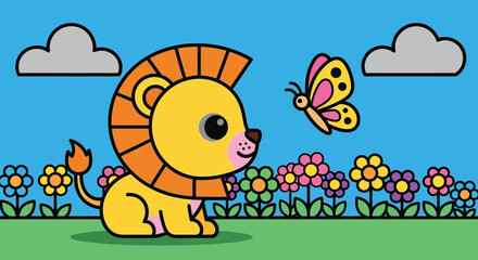 Fototapeta premium Cute lion cub watches a butterfly flutter in a sunny meadow