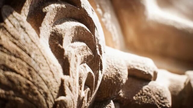 Close-up of a carved stone architectural ornament with leafy acanthus motifs.
