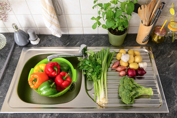 Fresh vegetables on metal sink with utensils and flowerpot in kitchen
