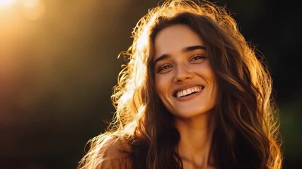 Smiling young woman with long wavy hair outdoors, backlit by warm golden sunlight.