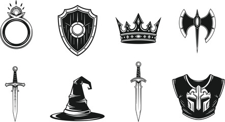 Fantasy icons, sword axe ring crown, wizard hat, shield armor, medieval weapons, magical items, RPG theme, flat vector illustration
