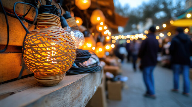 Workers prepare for evening activities in a busy market, hanging colorful lights as the sun sets. The atmosphere is lively with customers and vendors ready to enjoy the evening.