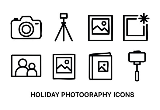 A collection of simple icons showcasing items related to holiday photography. Included are a camera, tripod, frames, and albums, highlighting tools for preserving memories.