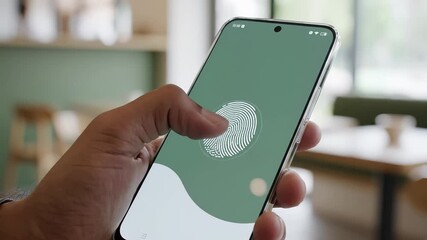 Hand uses fingerprint biometric authentication on smartphone screen. Mobile security technology, digital identity verification, secure access control, personal data protection, modern cybersecurity - Powered by Adobe