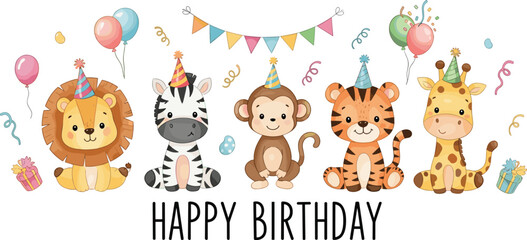 Birthday animals, party hats, festive balloons, cartoon lion zebra monkey tiger giraffe, celebration scene, kids theme, flat vector illustration © Sakib Creative