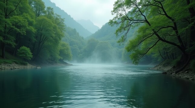 Misty river valley surrounded by lush green forest and mountains - Powered by Adobe